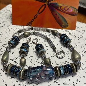 Blue/Purple and Silver Glass Beaded chunky Boho Necklace Earrings Set